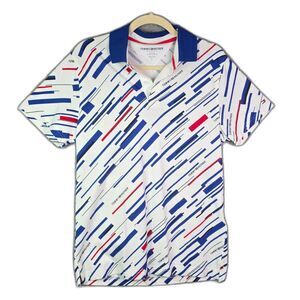Tommy Hilfiger Polo White Blue Red Print M Stretch Golf Preppy